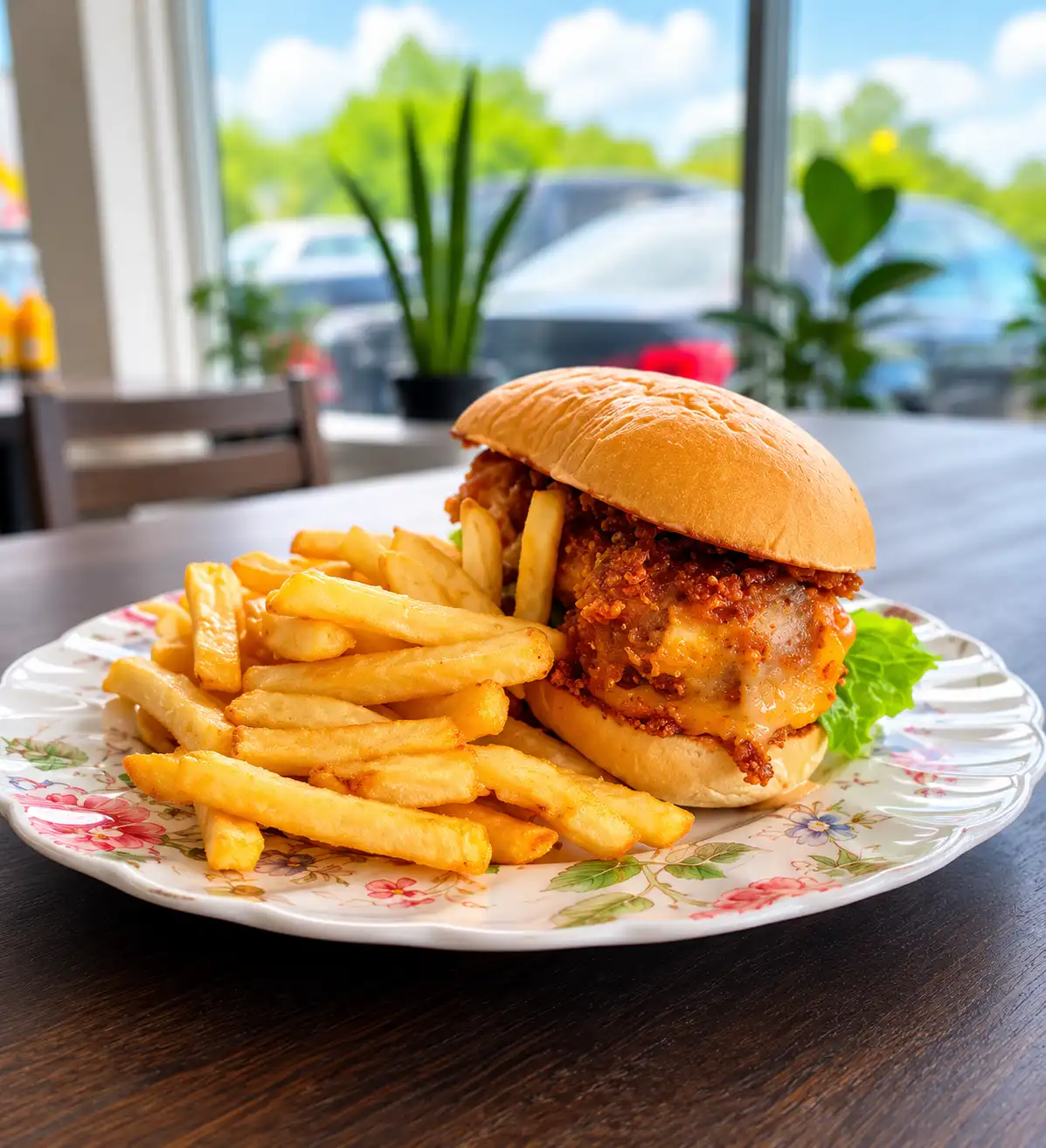 Burger & fries by the window