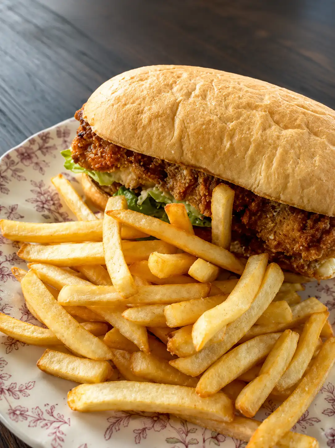 Burger close-up with fries