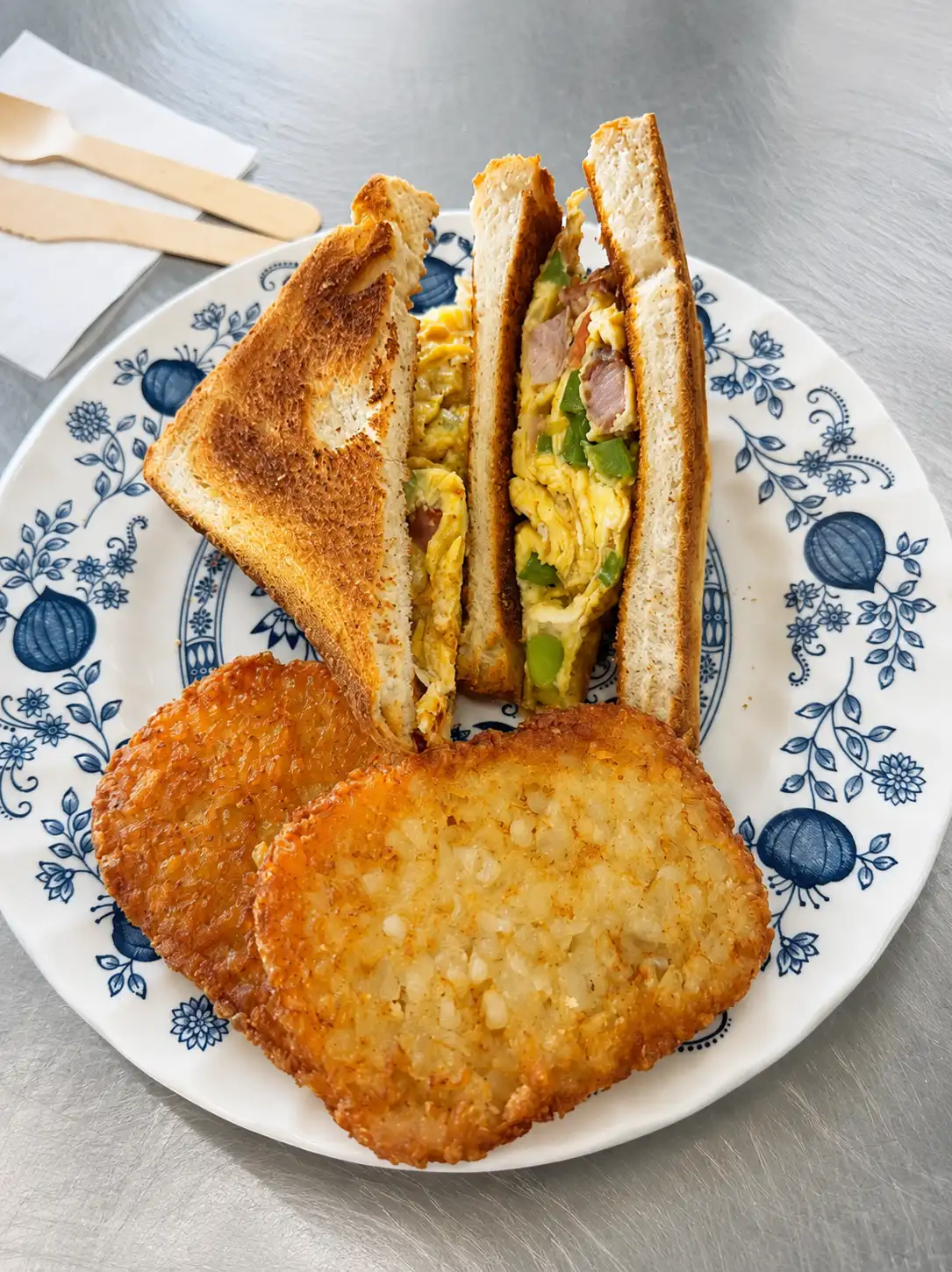 Toast and hash brown plate