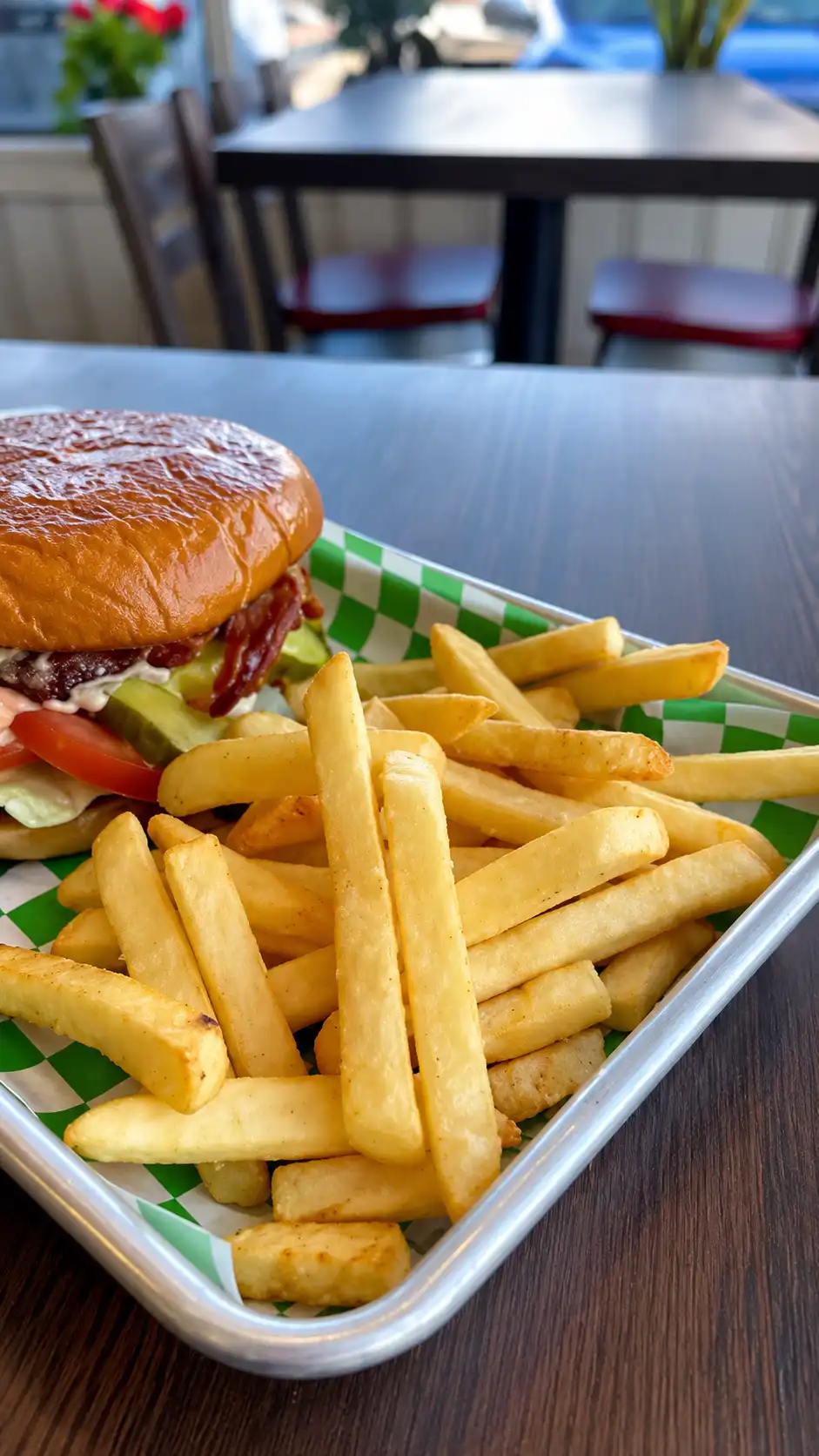 Burger and fries table shot