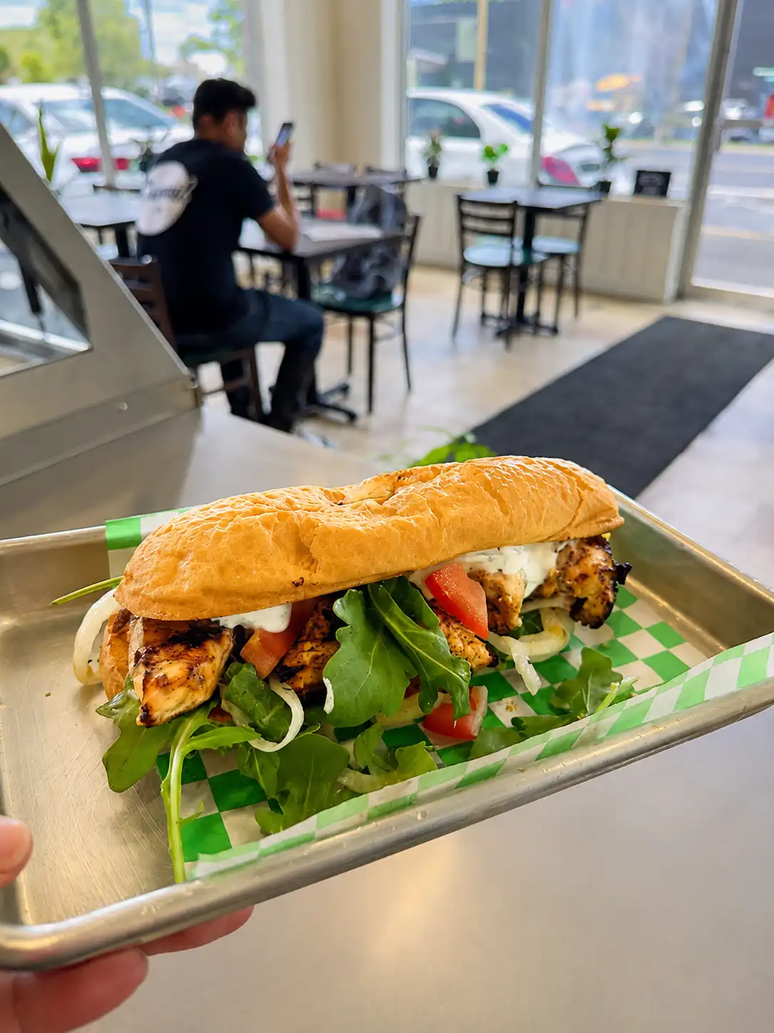 Tray-side burger close-up