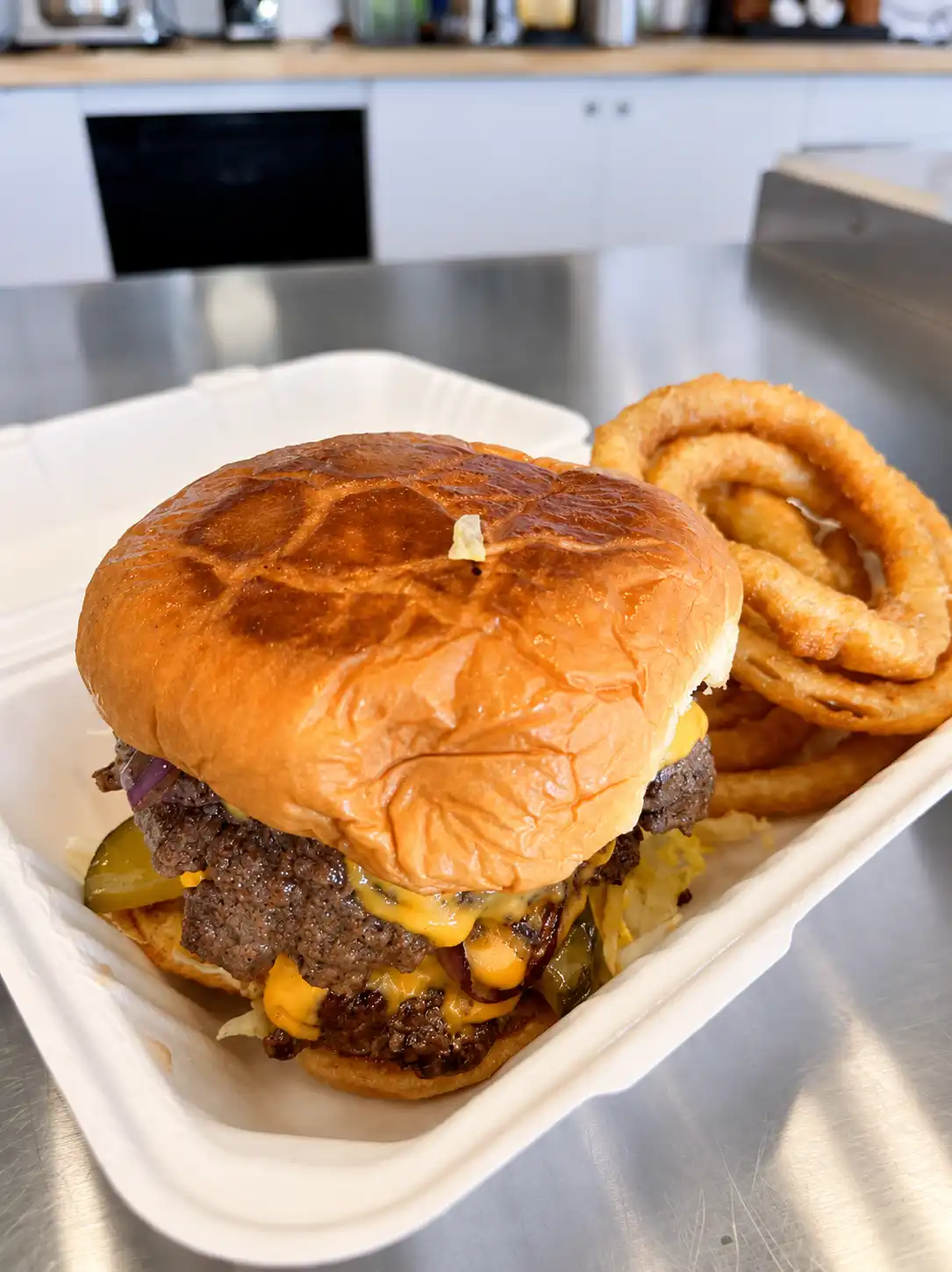 Burger with onion rings